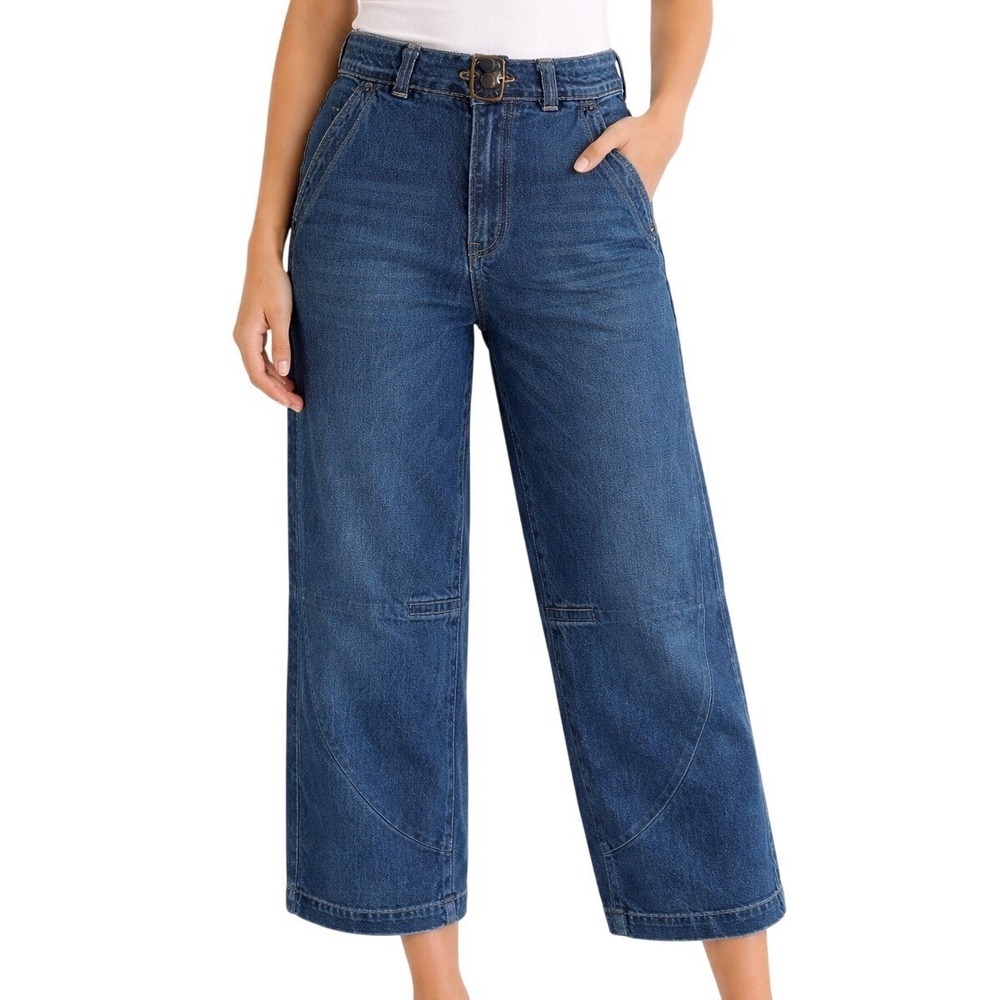 Anthro Pilcro The Wanderer Barrel Leg Jeans 26 Blue Curved‎ Horseshoe Utility